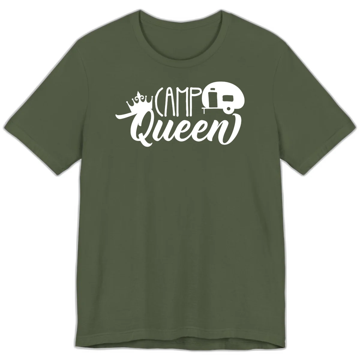 Camp queen glamping design with crown, vintage RV trailer, and script lettering on gray background in Military Green