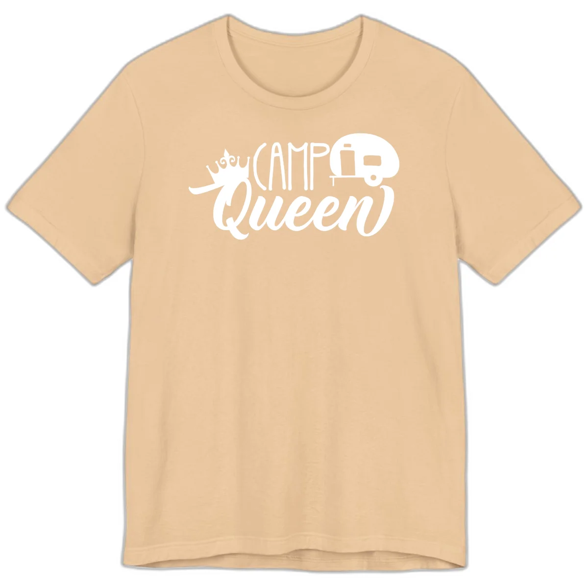 Camp queen glamping design with crown, vintage RV trailer, and script lettering on gray background in Sand Dune