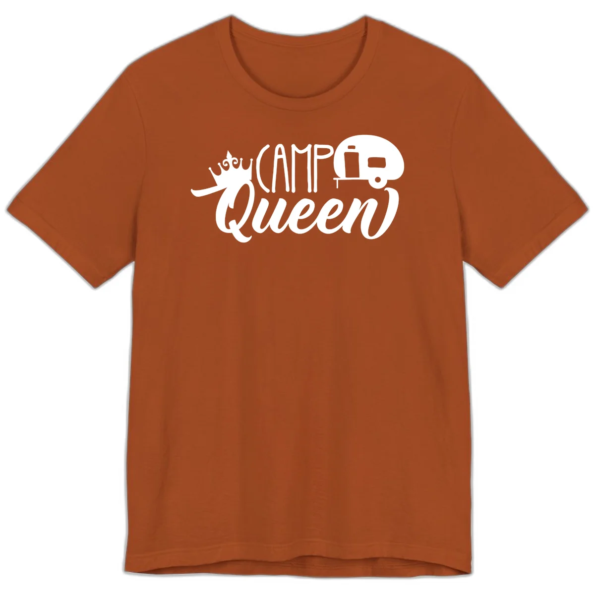 Camp queen glamping design with crown, vintage RV trailer, and script lettering on gray background in Autumn
