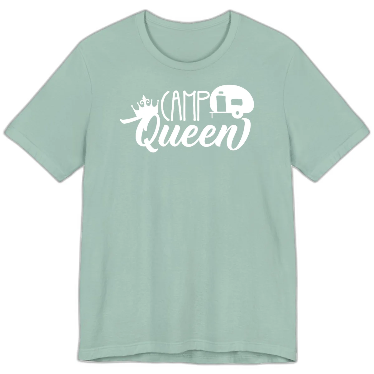 Camp queen glamping design with crown, vintage RV trailer, and script lettering on gray background in Dusty Blue