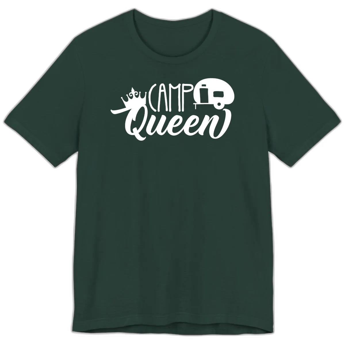 Camp queen glamping design with crown, vintage RV trailer, and script lettering on gray background in Forest
