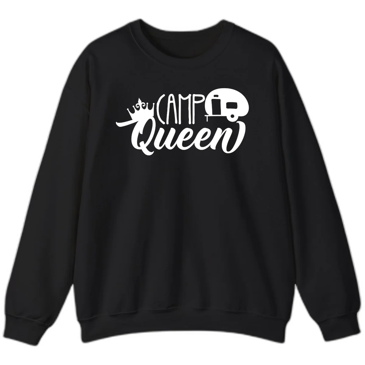 Camp queen glamping design with crown, vintage RV trailer, and script lettering on gray background in Black