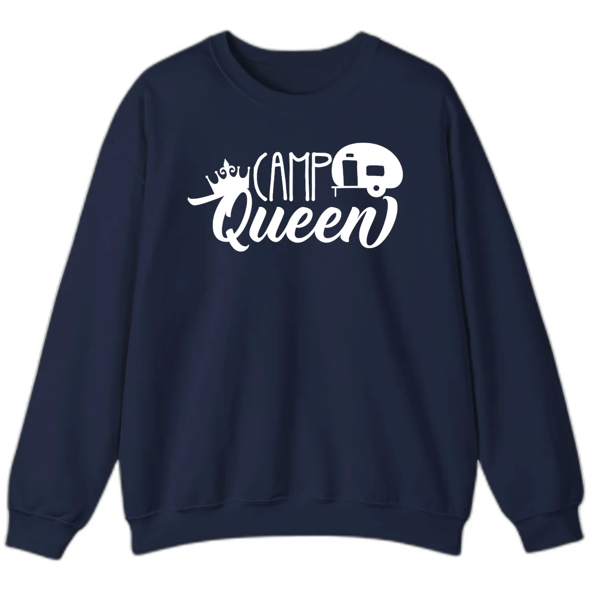 Camp queen glamping design with crown, vintage RV trailer, and script lettering on gray background in Navy