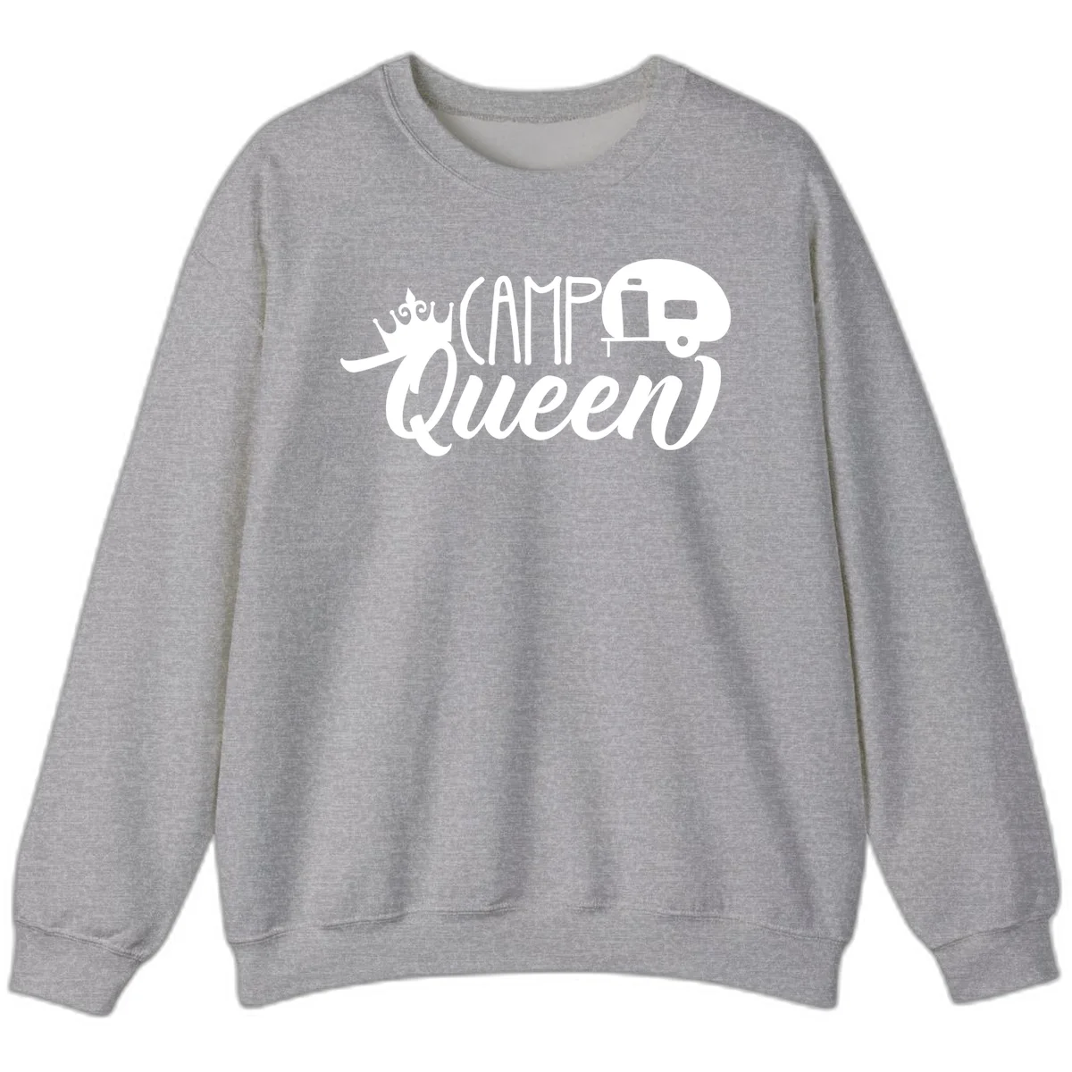 Camp queen glamping design with crown, vintage RV trailer, and script lettering on gray background in Sport Grey