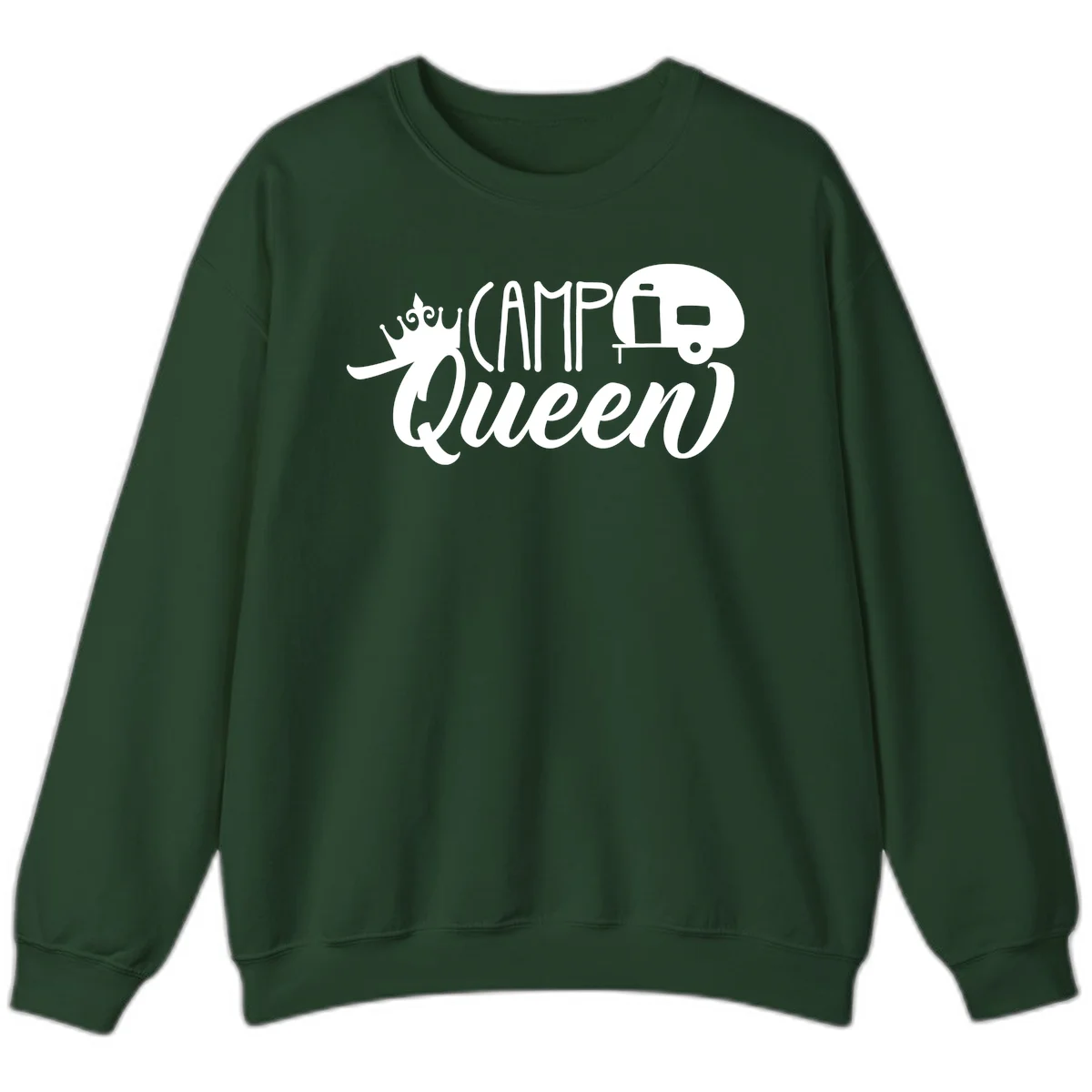 Camp queen glamping design with crown, vintage RV trailer, and script lettering on gray background in Forest Green