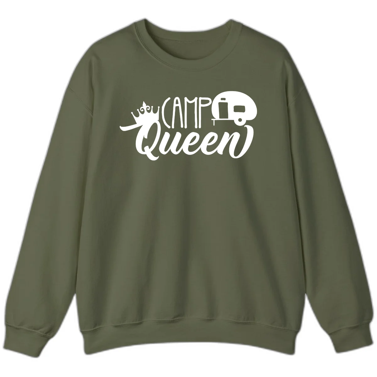 Camp queen glamping design with crown, vintage RV trailer, and script lettering on gray background in Military Green