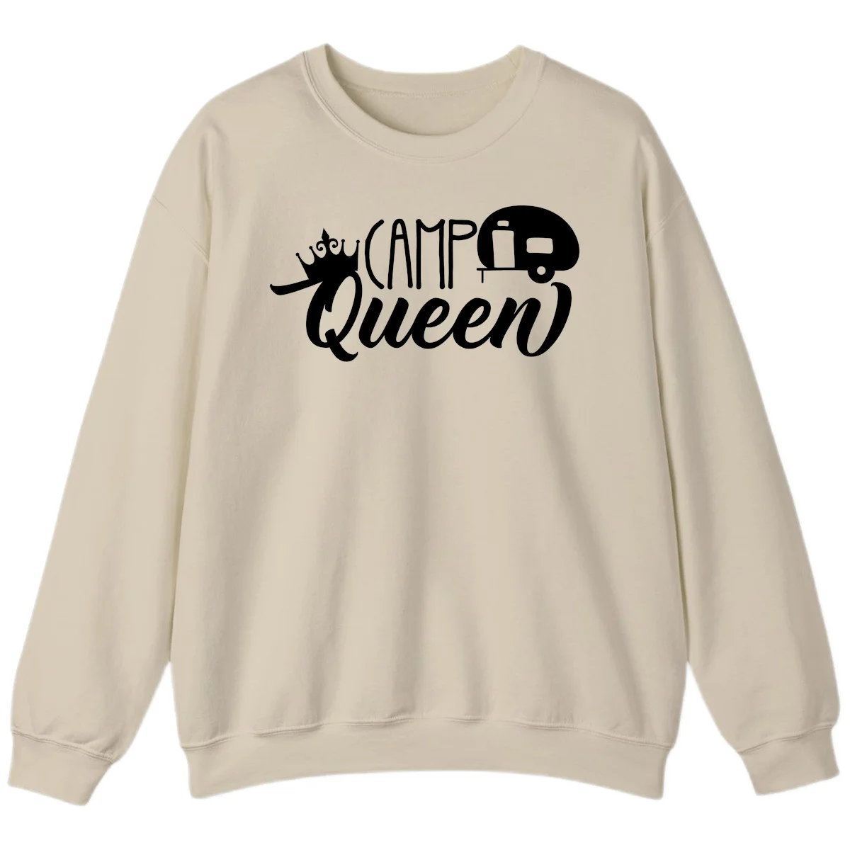 Camp queen glamping design with crown, vintage RV trailer, and script lettering on gray background in Sand