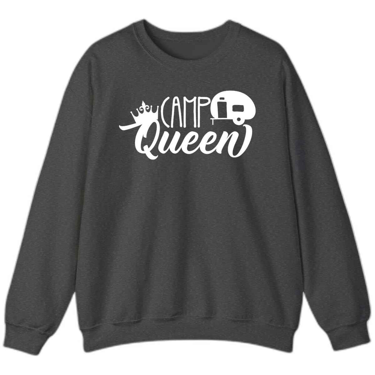 Camp queen glamping design with crown, vintage RV trailer, and script lettering on gray background in Dark Heather