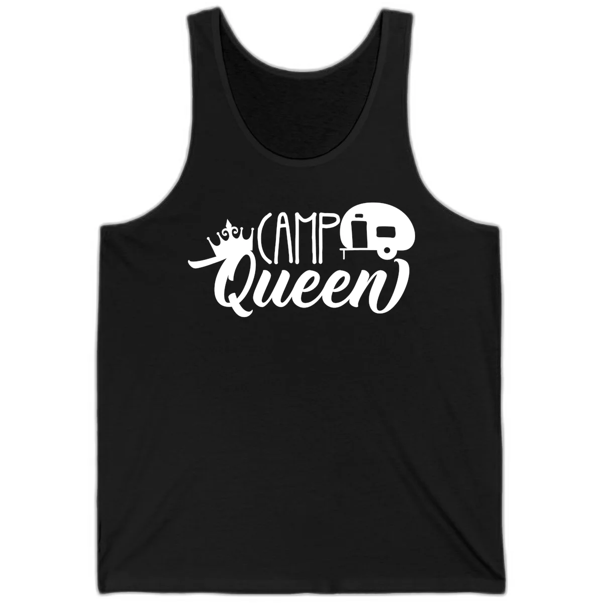 Camp queen glamping design with crown, vintage RV trailer, and script lettering on gray background in Black