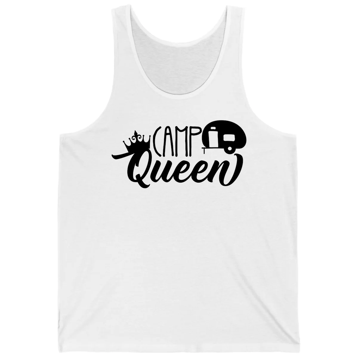 Camp queen glamping design with crown, vintage RV trailer, and script lettering on gray background in White