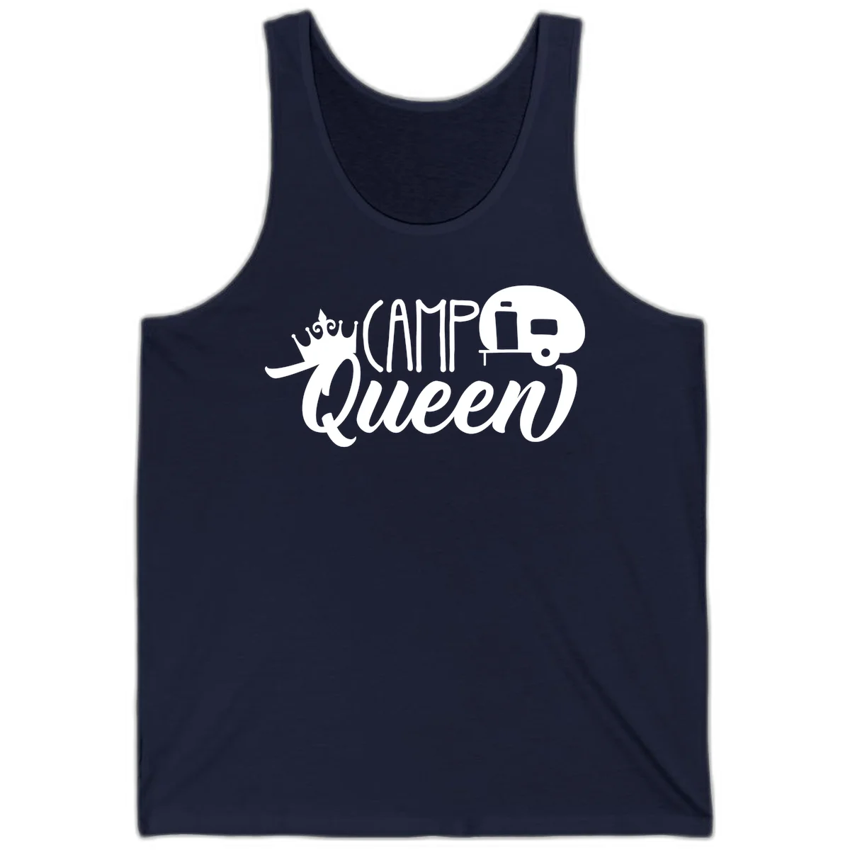 Camp queen glamping design with crown, vintage RV trailer, and script lettering on gray background in Navy