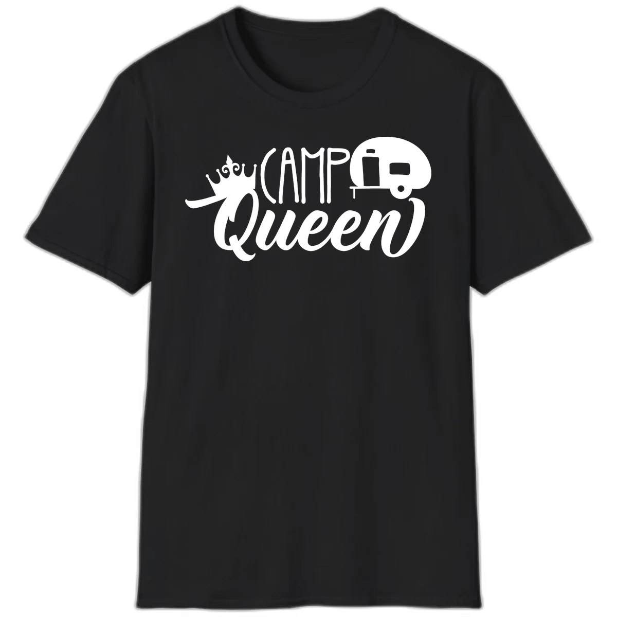 Camp queen glamping design with crown, vintage RV trailer, and script lettering on gray background in Black