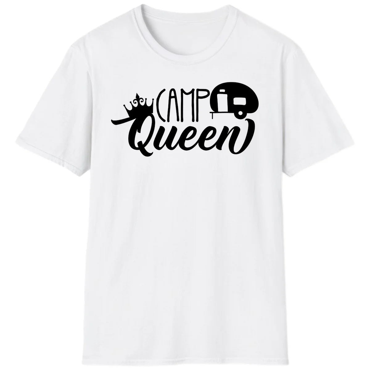 Camp queen glamping design with crown, vintage RV trailer, and script lettering on gray background in White