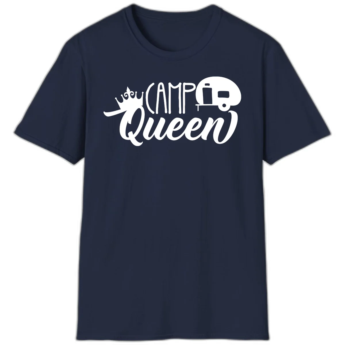 Camp queen glamping design with crown, vintage RV trailer, and script lettering on gray background in Navy