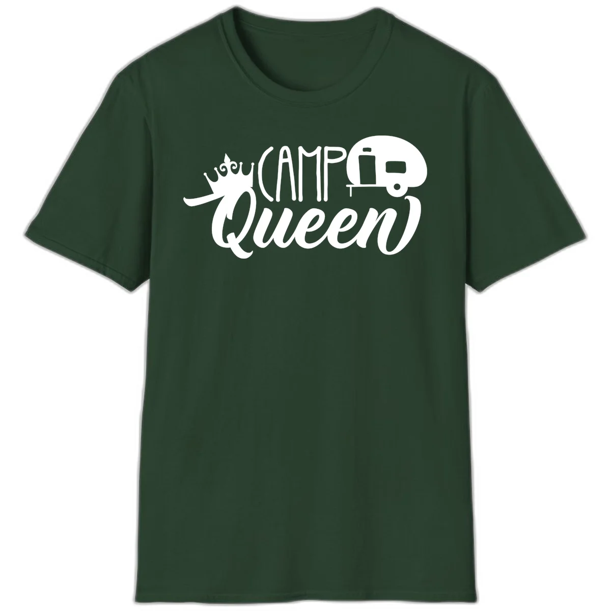 Camp queen glamping design with crown, vintage RV trailer, and script lettering on gray background in Forest Green