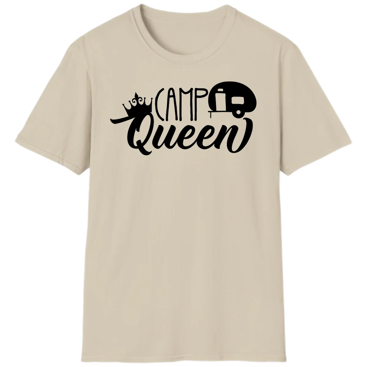Camp queen glamping design with crown, vintage RV trailer, and script lettering on gray background in Sand