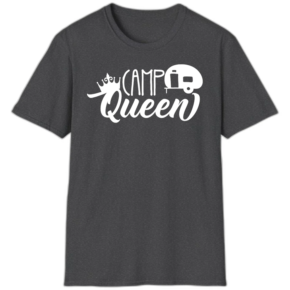 Camp queen glamping design with crown, vintage RV trailer, and script lettering on gray background in Dark Heather