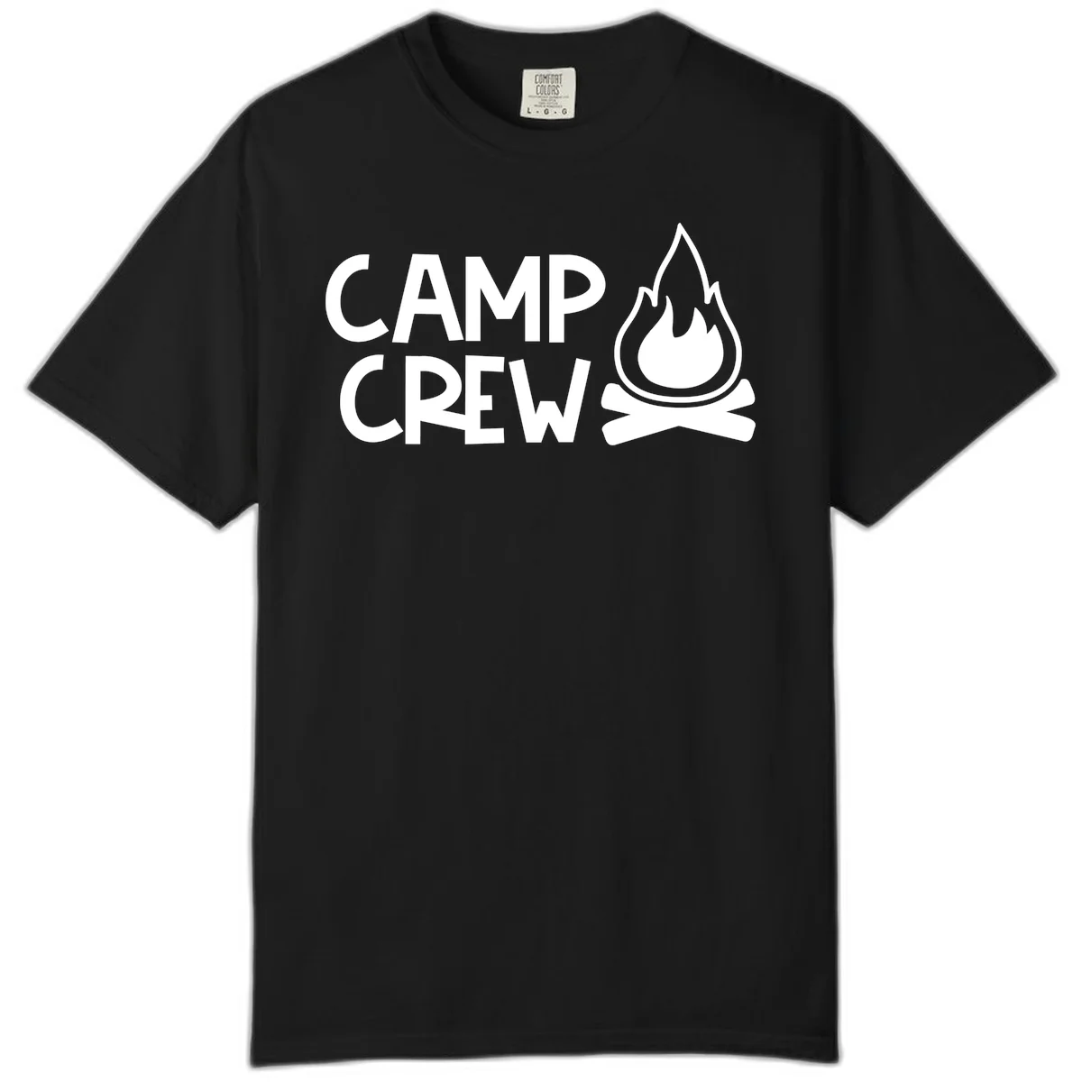 Camp crew campfire design with white text and stylized flames above crossed logs on gray background in Black