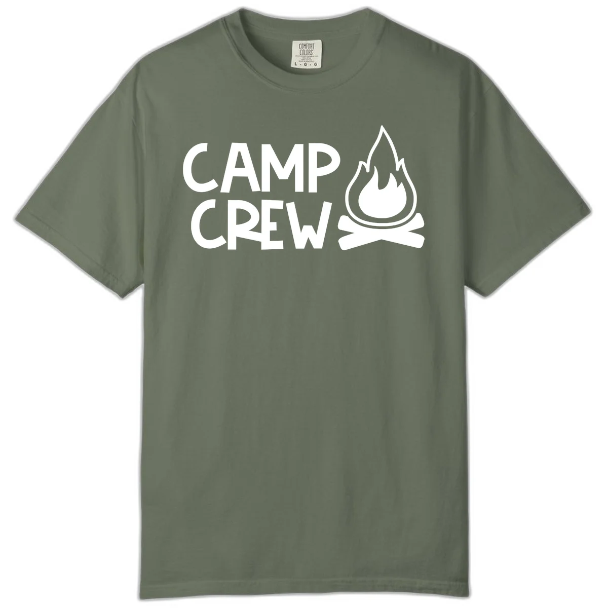 Camp crew campfire design with white text and stylized flames above crossed logs on gray background in Moss