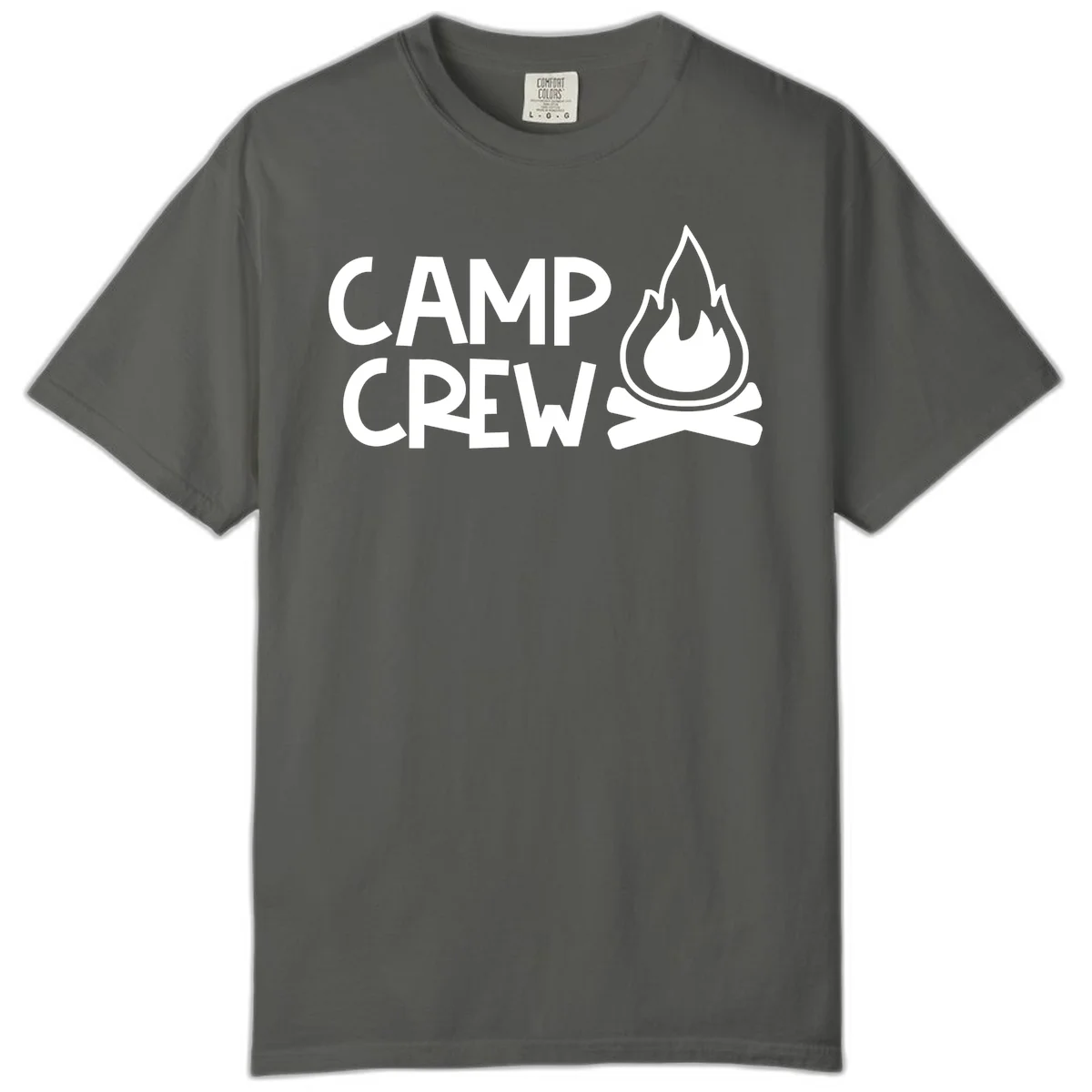 Camp crew campfire design with white text and stylized flames above crossed logs on gray background in Pepper