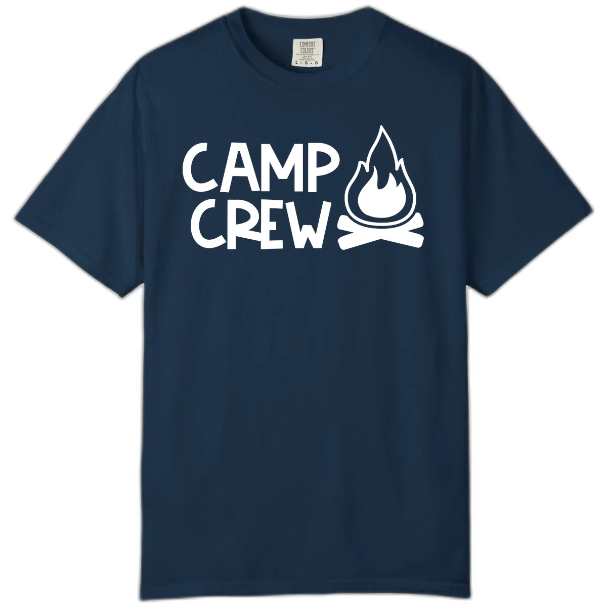 Camp crew campfire design with white text and stylized flames above crossed logs on gray background in True Navy