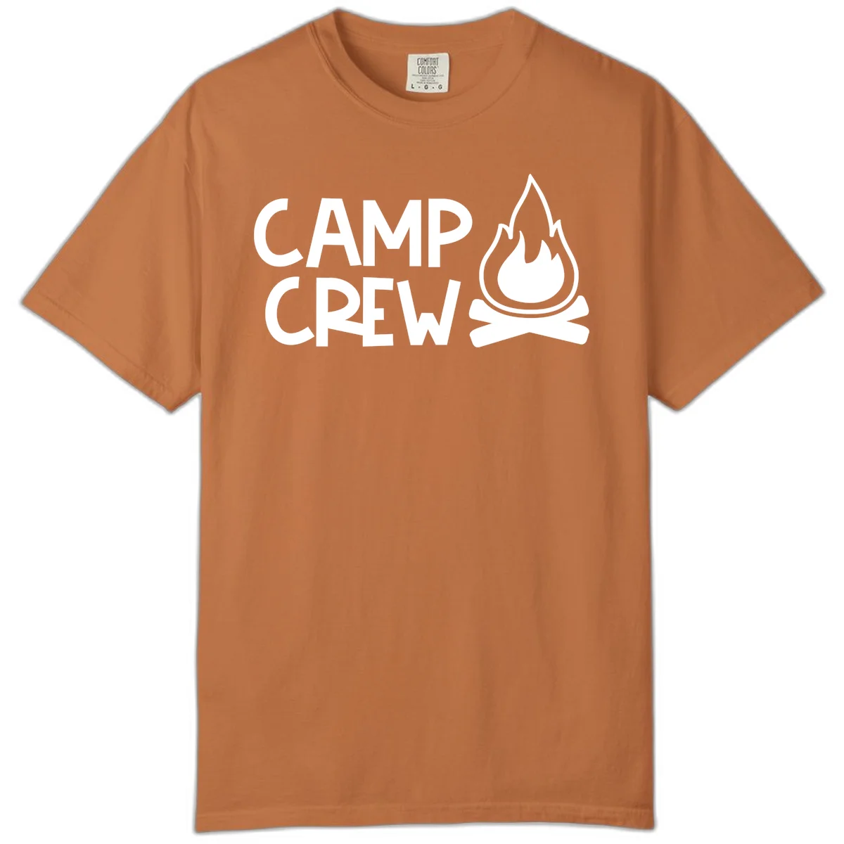 Camp crew campfire design with white text and stylized flames above crossed logs on gray background in Yam