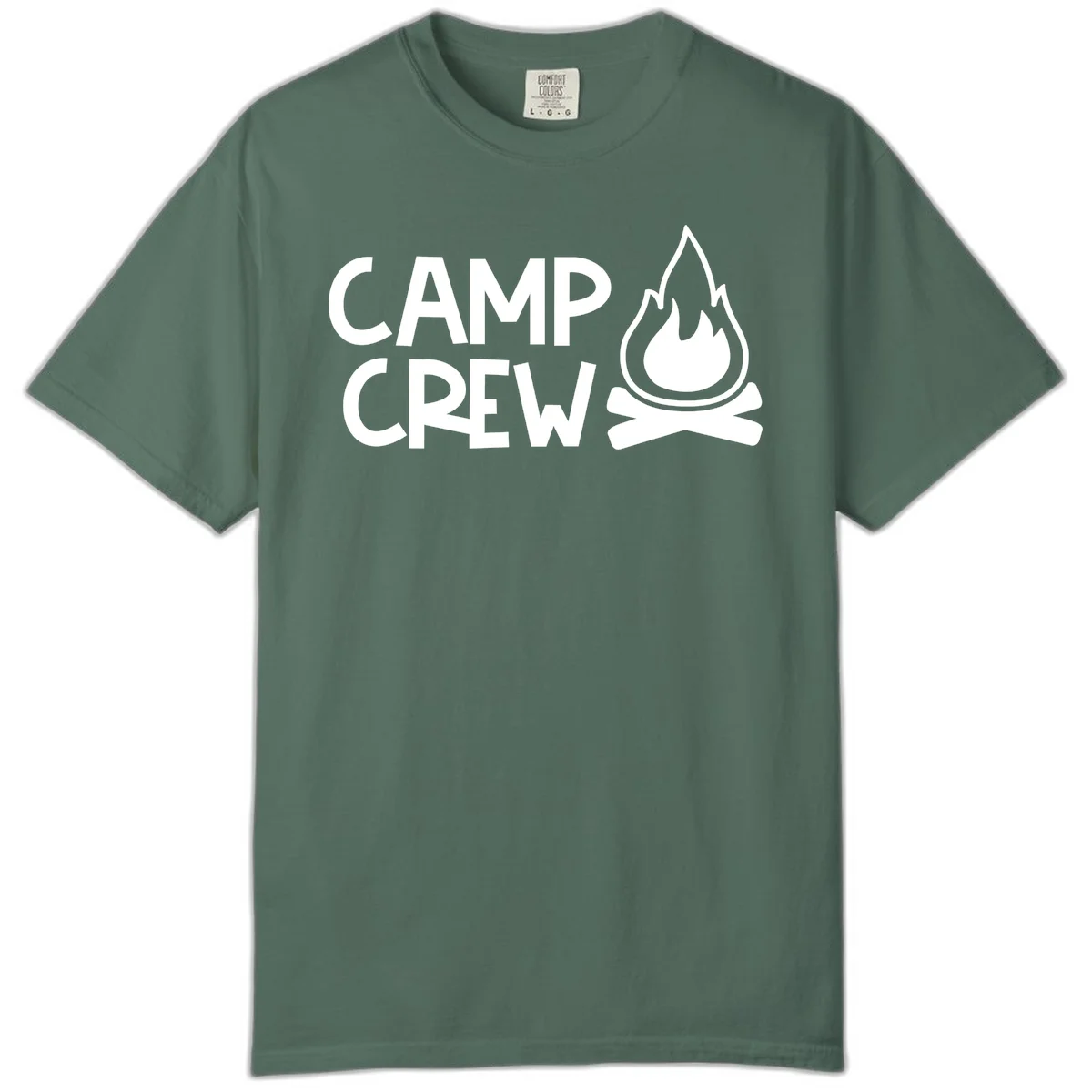 Camp crew campfire design with white text and stylized flames above crossed logs on gray background in Blue Spruce