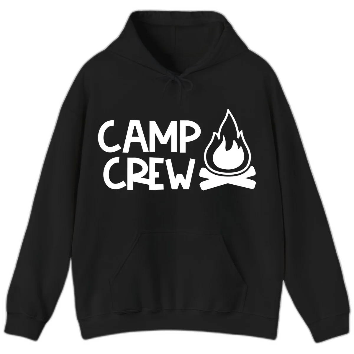 Camp crew campfire design with white text and stylized flames above crossed logs on gray background in Black