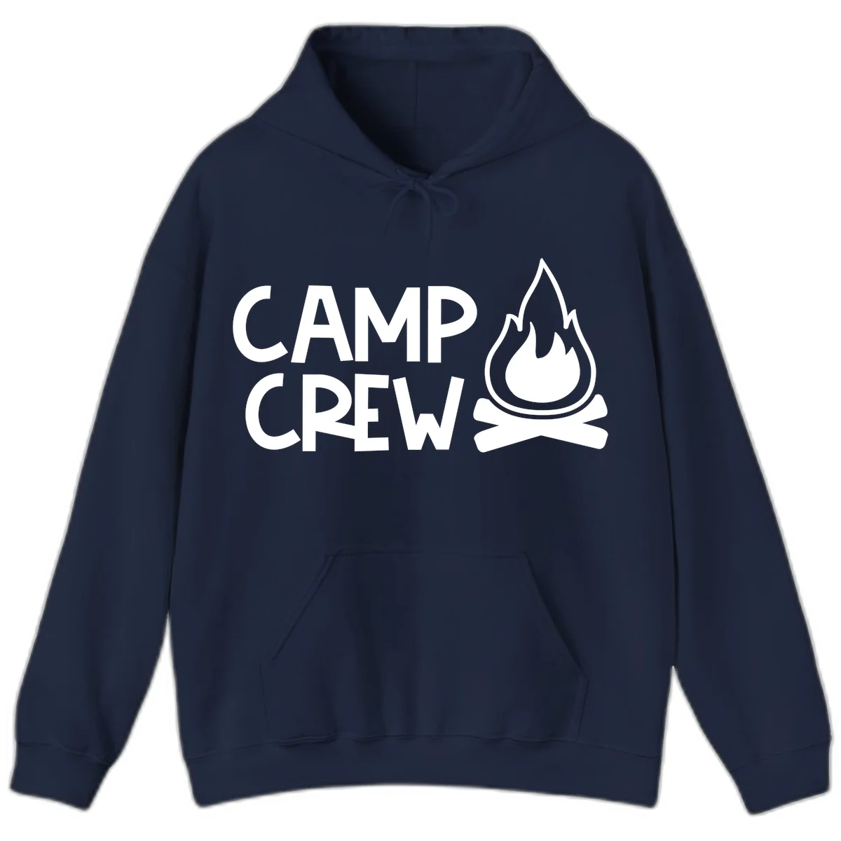 Camp crew campfire design with white text and stylized flames above crossed logs on gray background in Navy