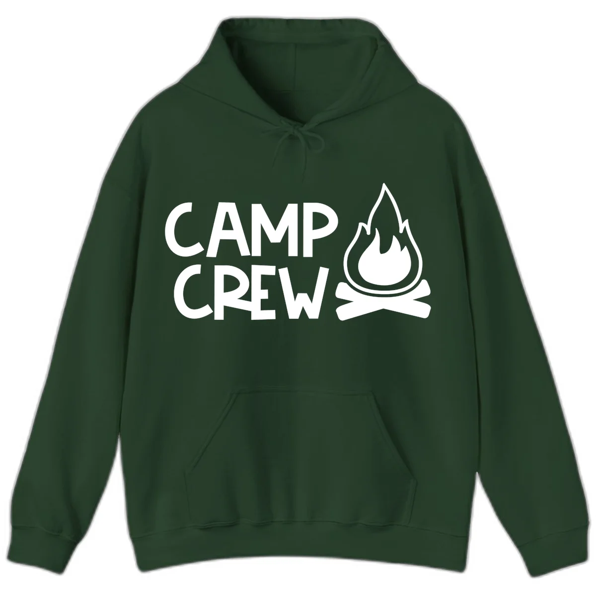 Camp crew campfire design with white text and stylized flames above crossed logs on gray background in Forest Green