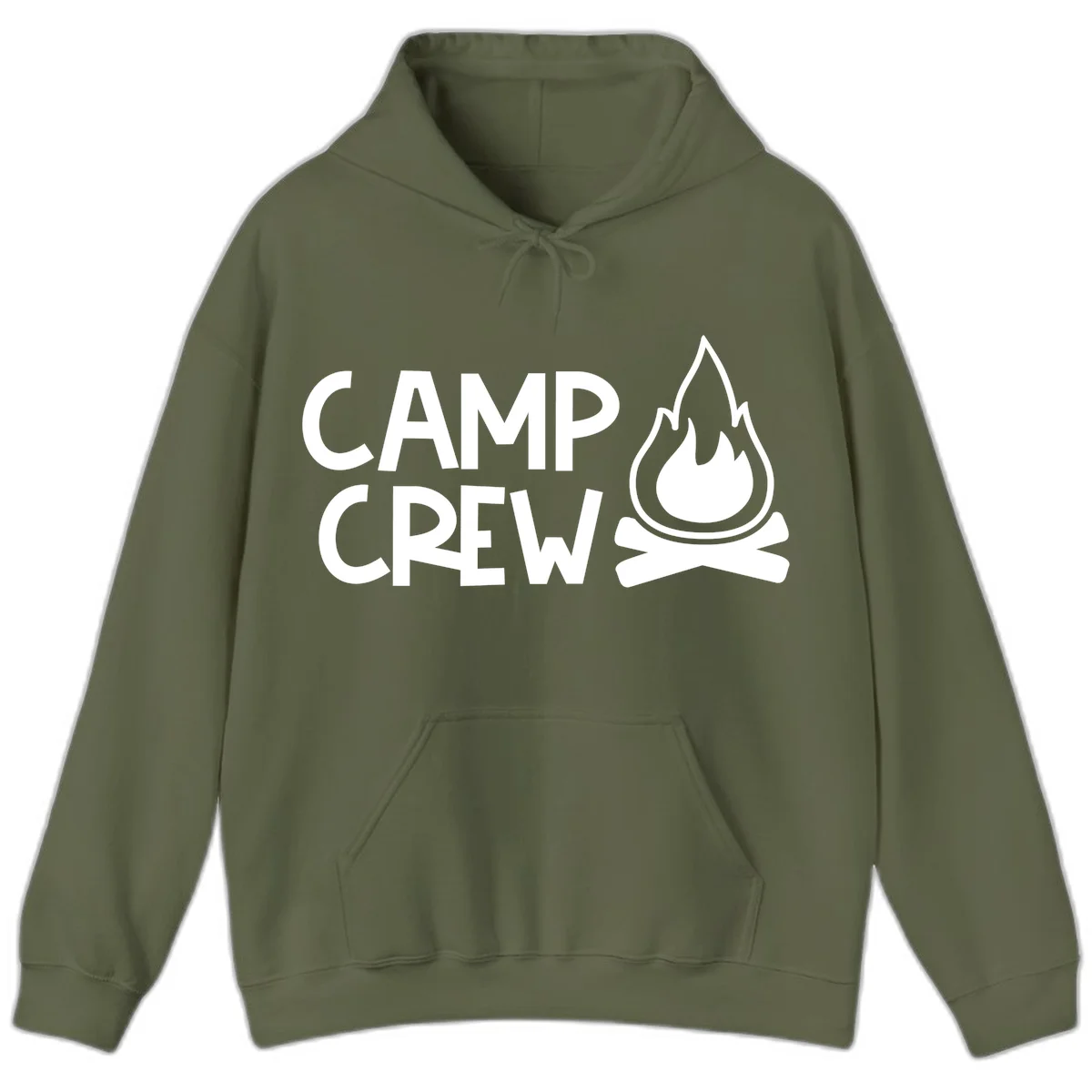 Camp crew campfire design with white text and stylized flames above crossed logs on gray background in Military Green