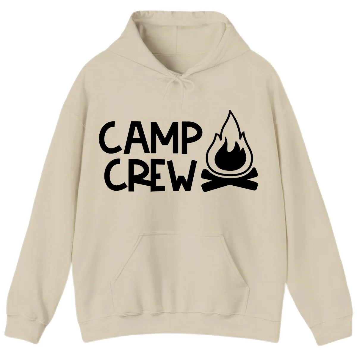 Camp crew campfire design with white text and stylized flames above crossed logs on gray background in Sand