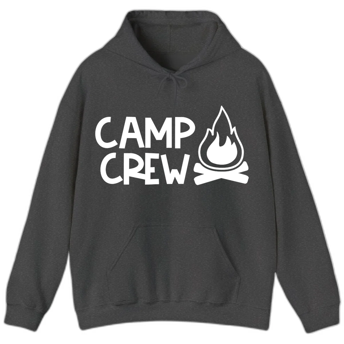 Camp crew campfire design with white text and stylized flames above crossed logs on gray background in Dark Heather