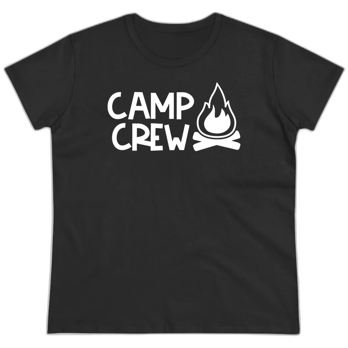Camp crew campfire design with white text and stylized flames above crossed logs on gray background in Black