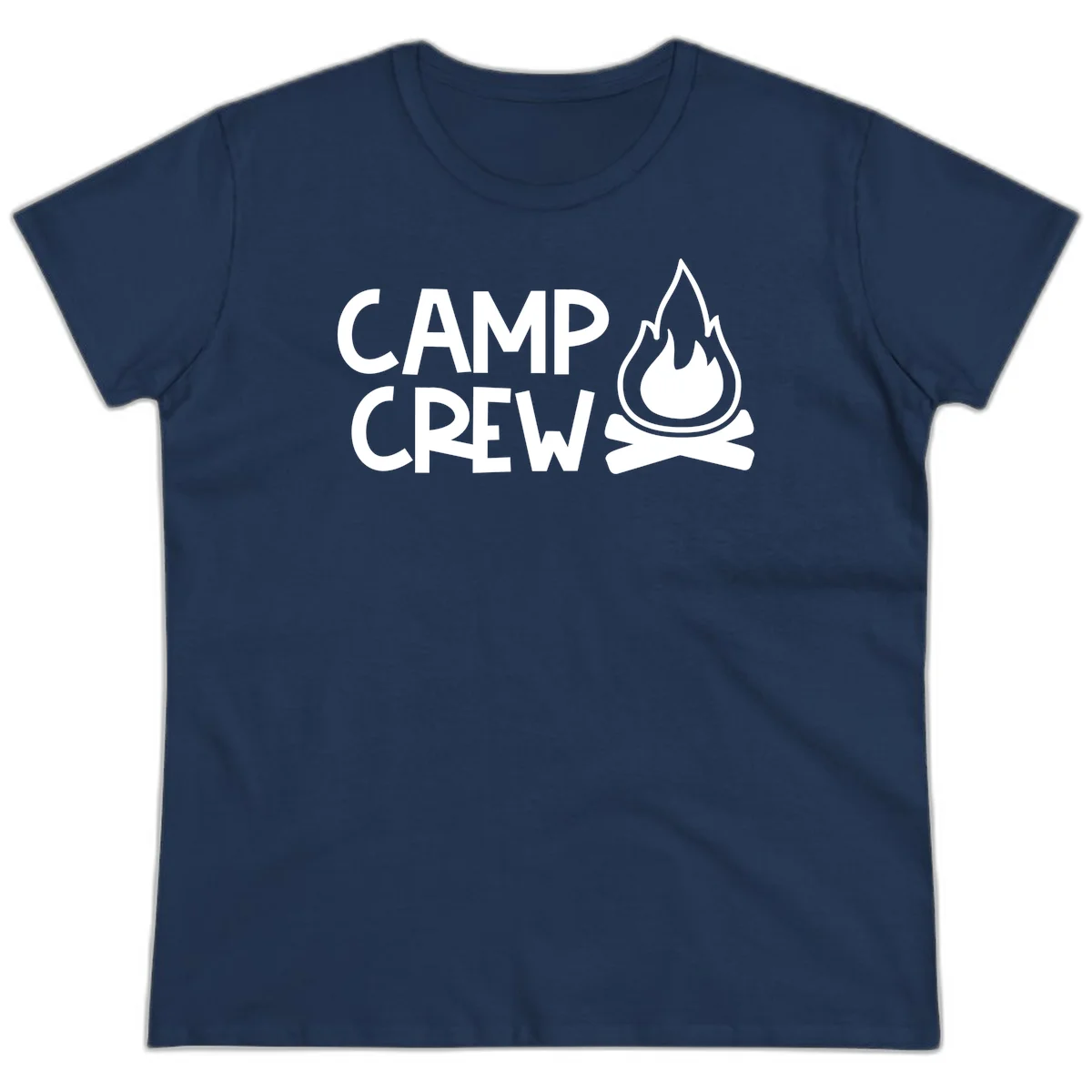Camp crew campfire design with white text and stylized flames above crossed logs on gray background in Navy