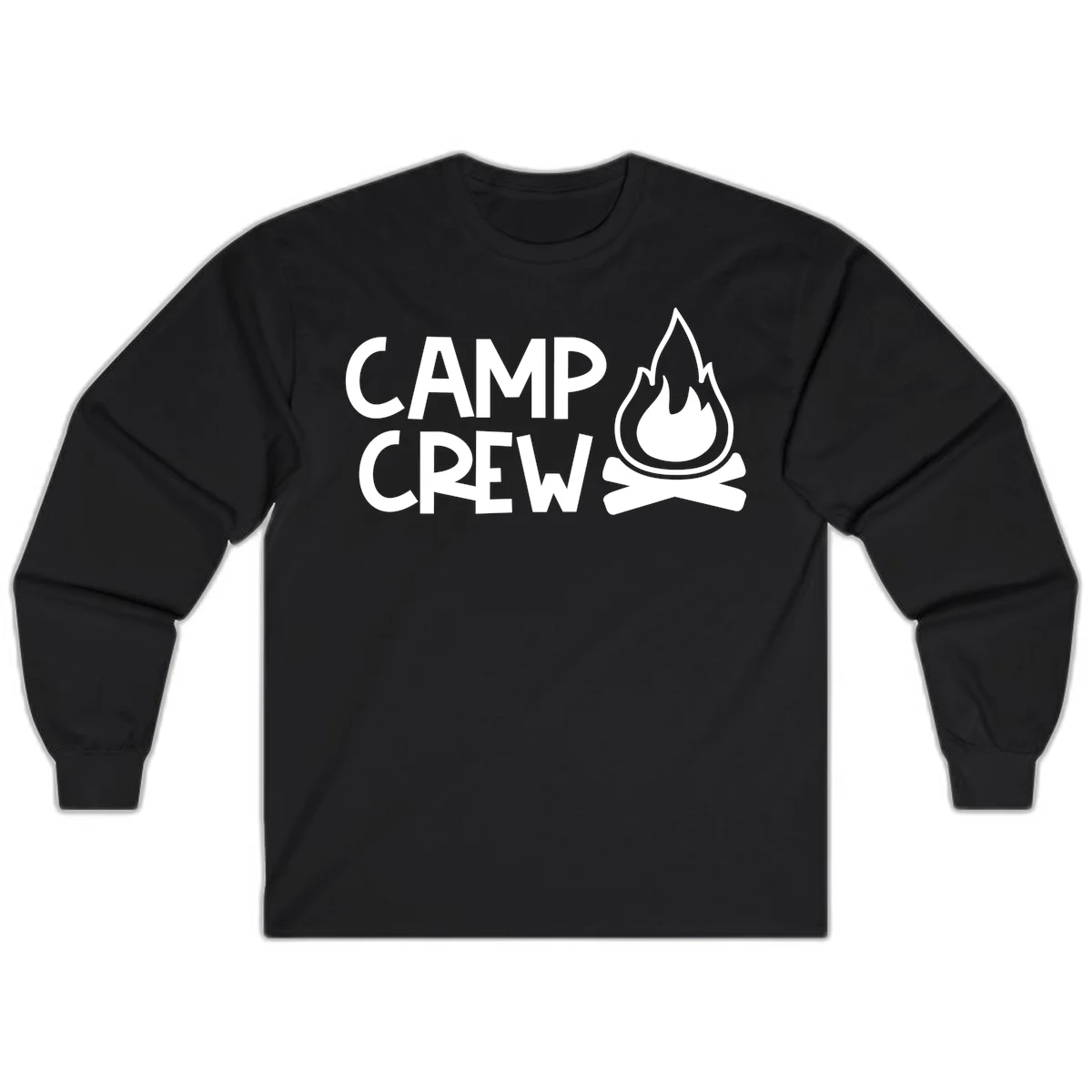 Camp crew campfire design with white text and stylized flames above crossed logs on gray background in Black