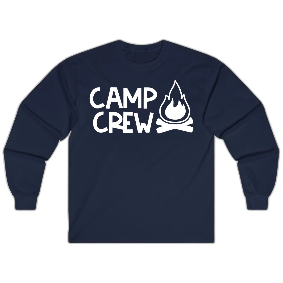 Camp crew campfire design with white text and stylized flames above crossed logs on gray background in Navy