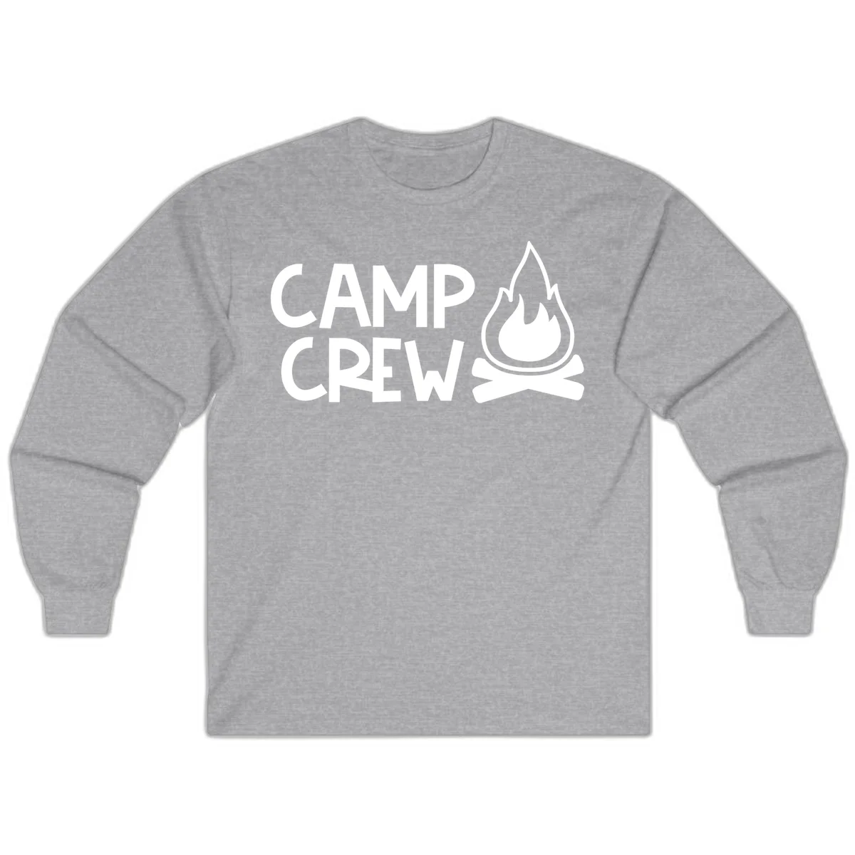 Camp crew campfire design with white text and stylized flames above crossed logs on gray background in Sport Grey