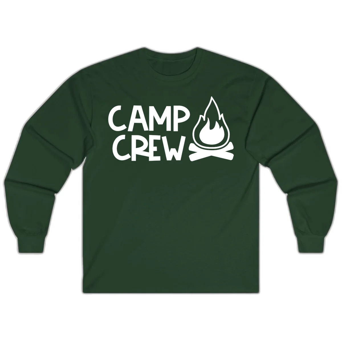 Camp crew campfire design with white text and stylized flames above crossed logs on gray background in Forest Green
