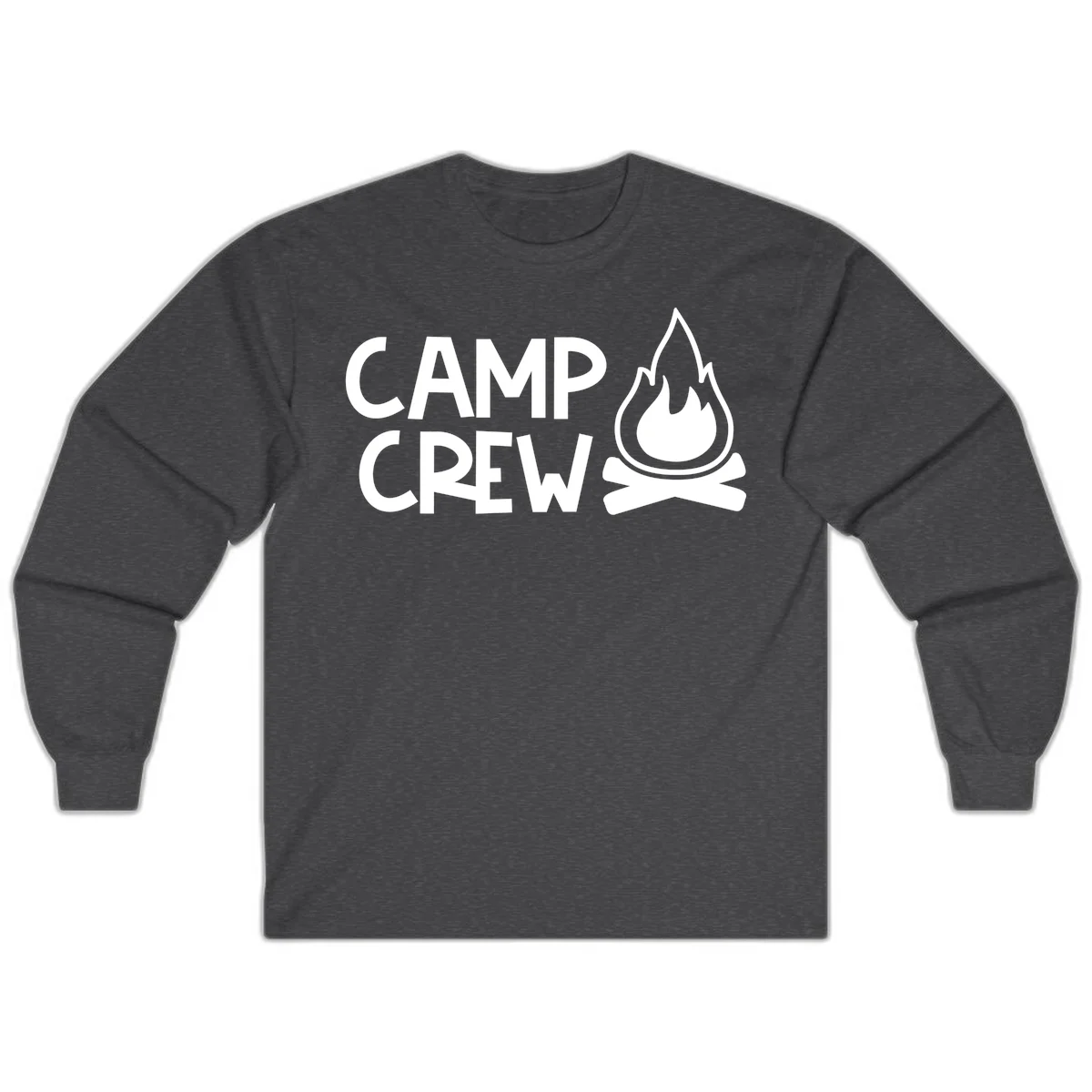 Camp crew campfire design with white text and stylized flames above crossed logs on gray background in Dark Heather