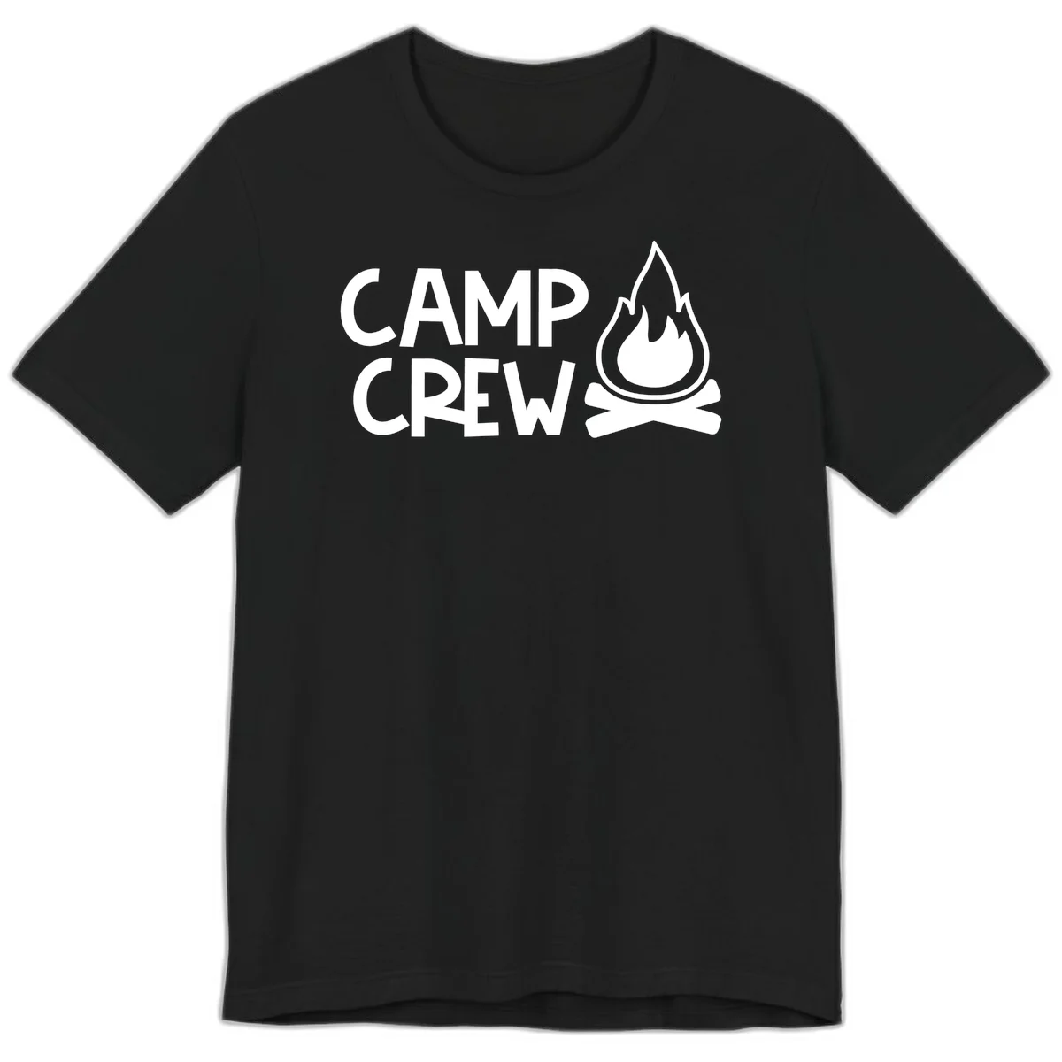 Camp crew campfire design with white text and stylized flames above crossed logs on gray background in Black
