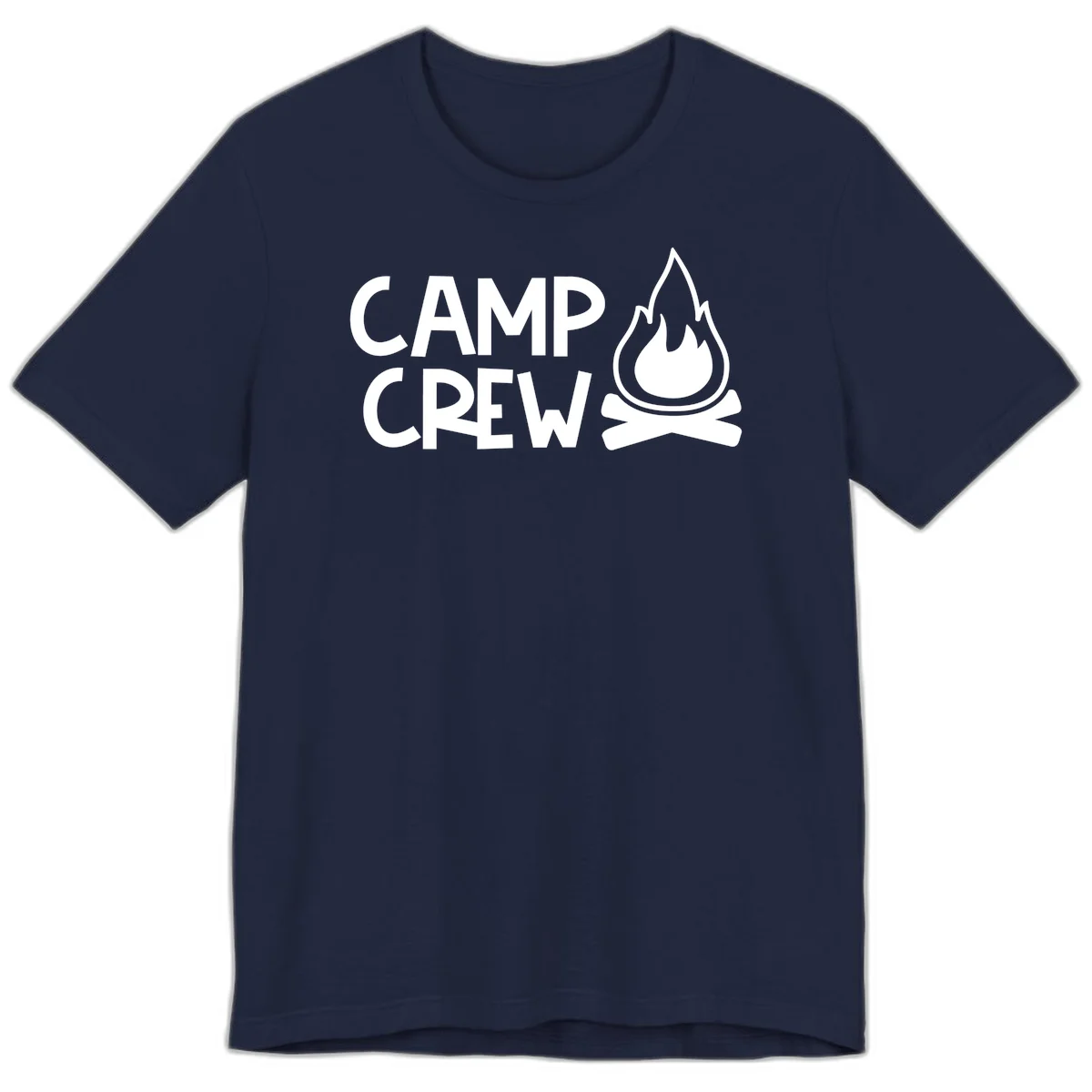 Camp crew campfire design with white text and stylized flames above crossed logs on gray background in Navy