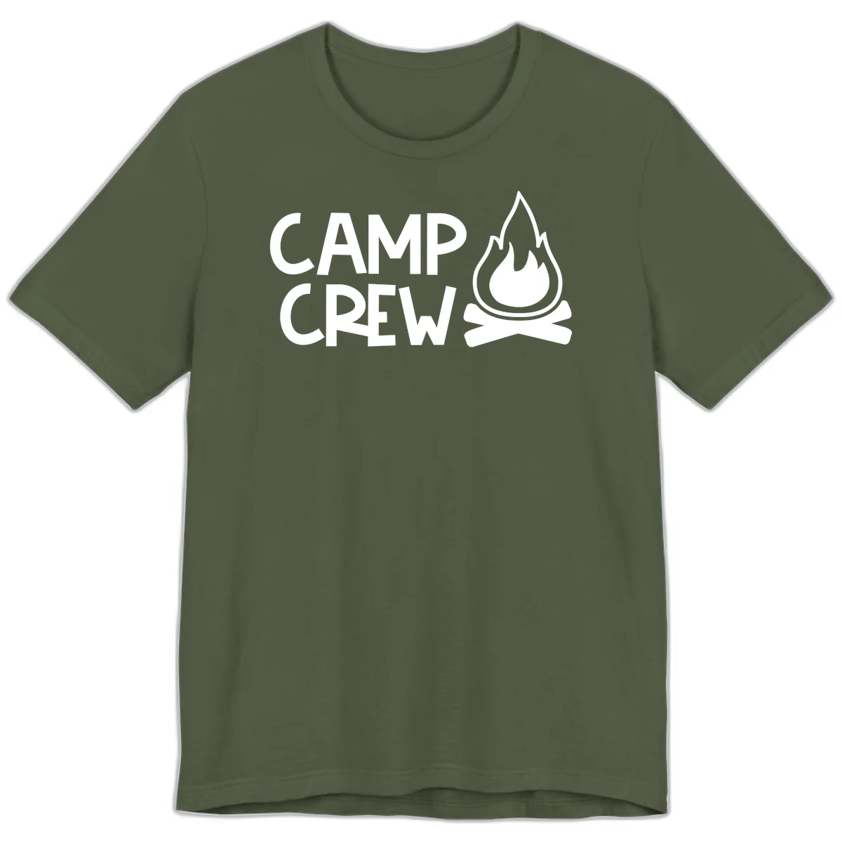 Camp crew campfire design with white text and stylized flames above crossed logs on gray background in Military Green