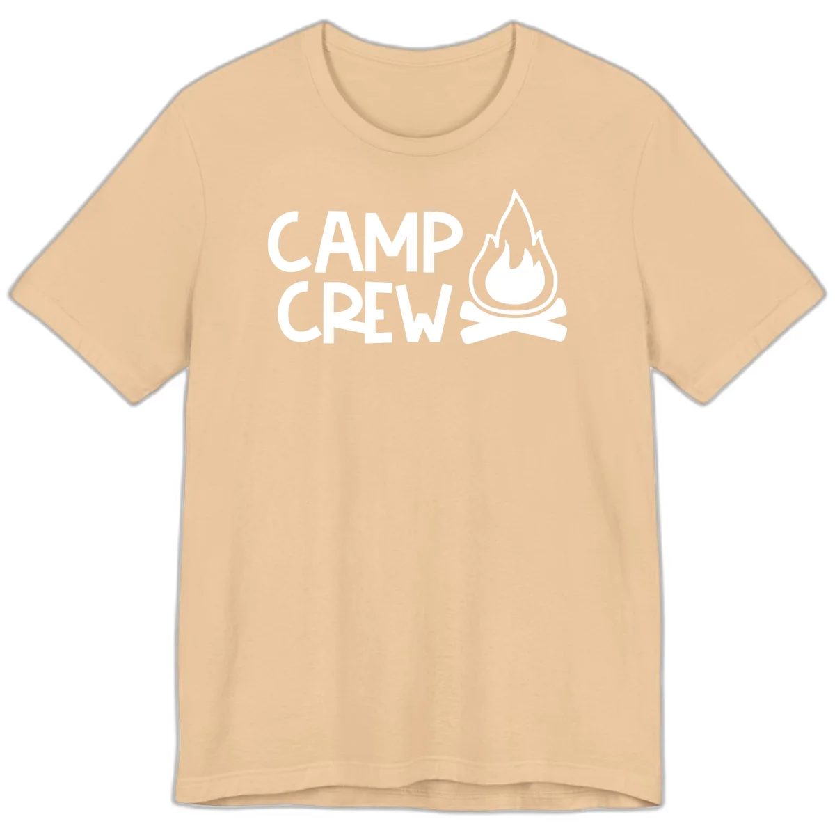 Camp crew campfire design with white text and stylized flames above crossed logs on gray background in Sand Dune