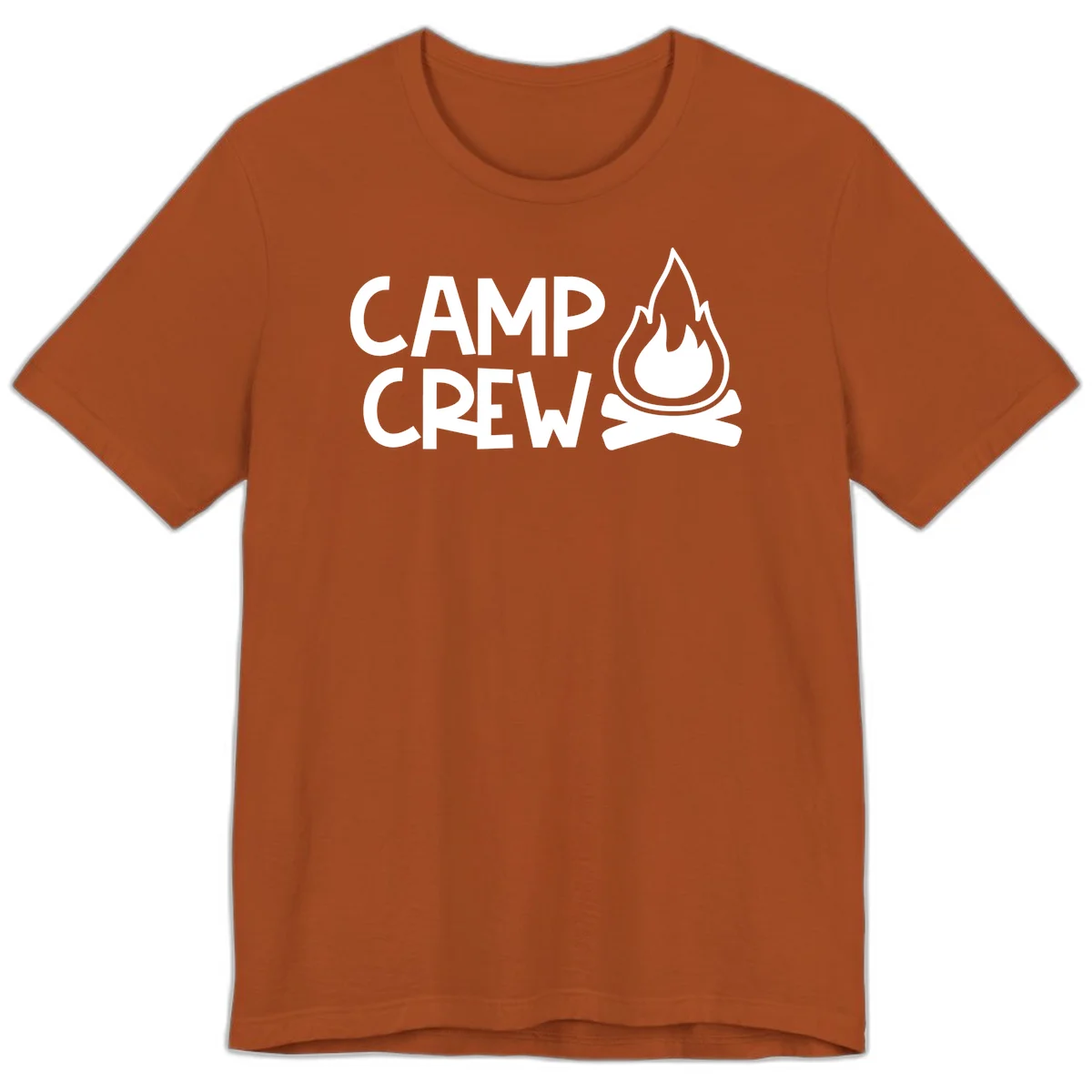 Camp crew campfire design with white text and stylized flames above crossed logs on gray background in Autumn