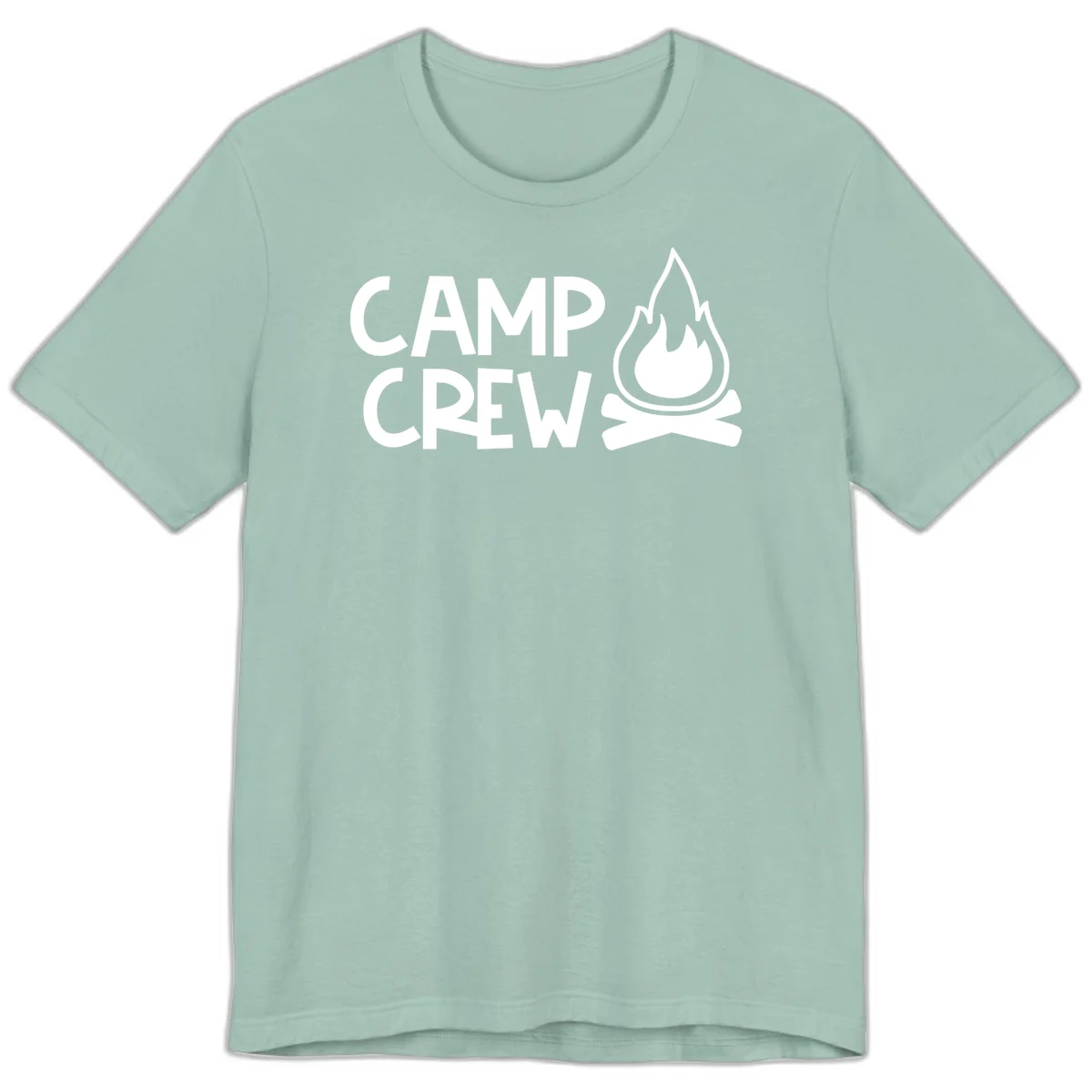 Camp crew campfire design with white text and stylized flames above crossed logs on gray background in Dusty Blue
