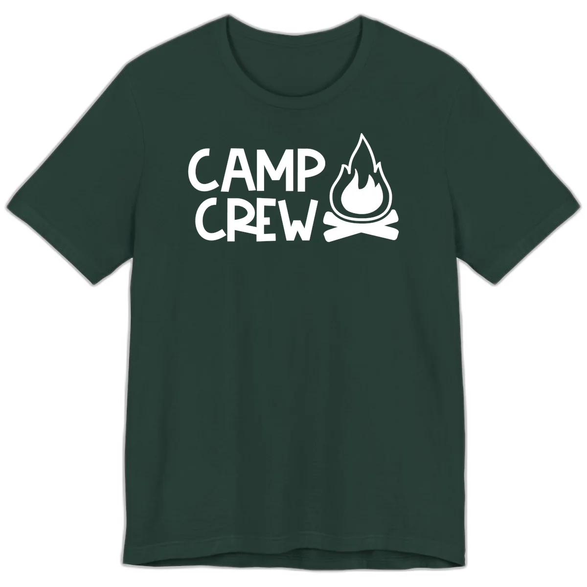 Camp crew campfire design with white text and stylized flames above crossed logs on gray background in Forest