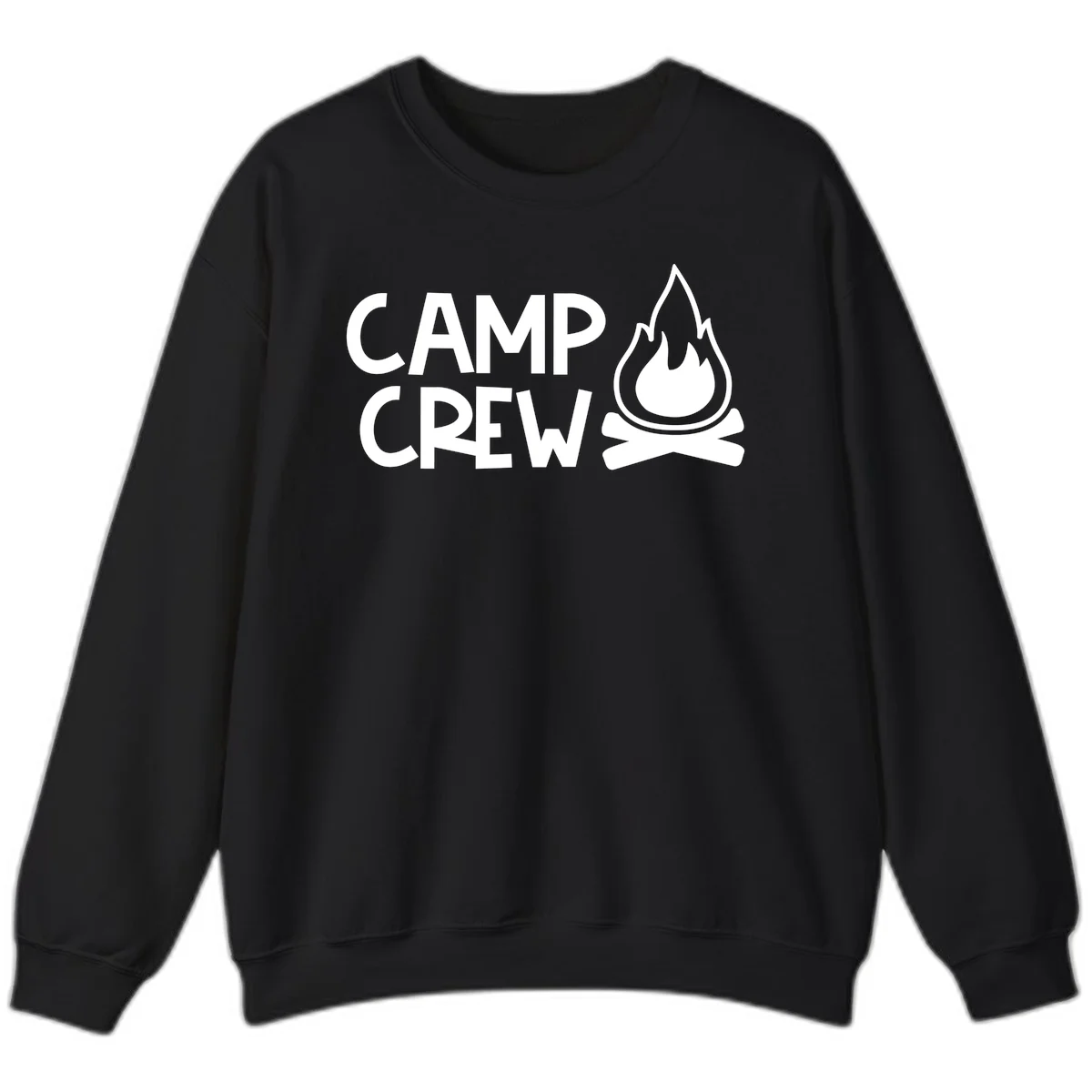 Camp crew campfire design with white text and stylized flames above crossed logs on gray background in Black