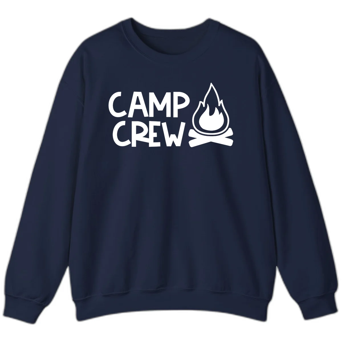 Camp crew campfire design with white text and stylized flames above crossed logs on gray background in Navy