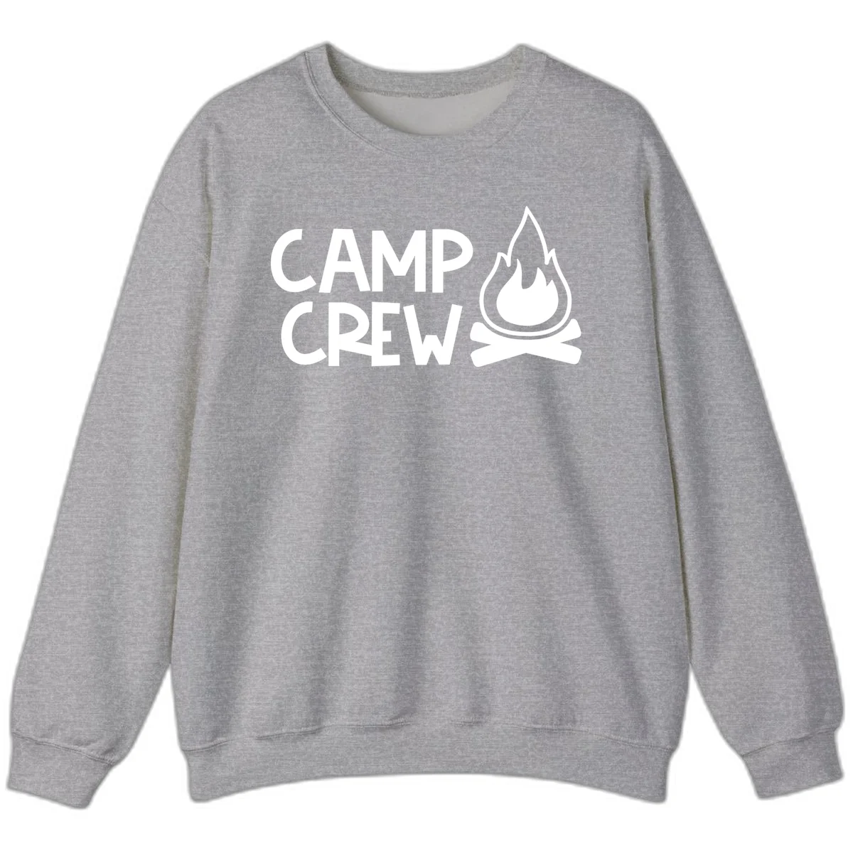 Camp crew campfire design with white text and stylized flames above crossed logs on gray background in Sport Grey